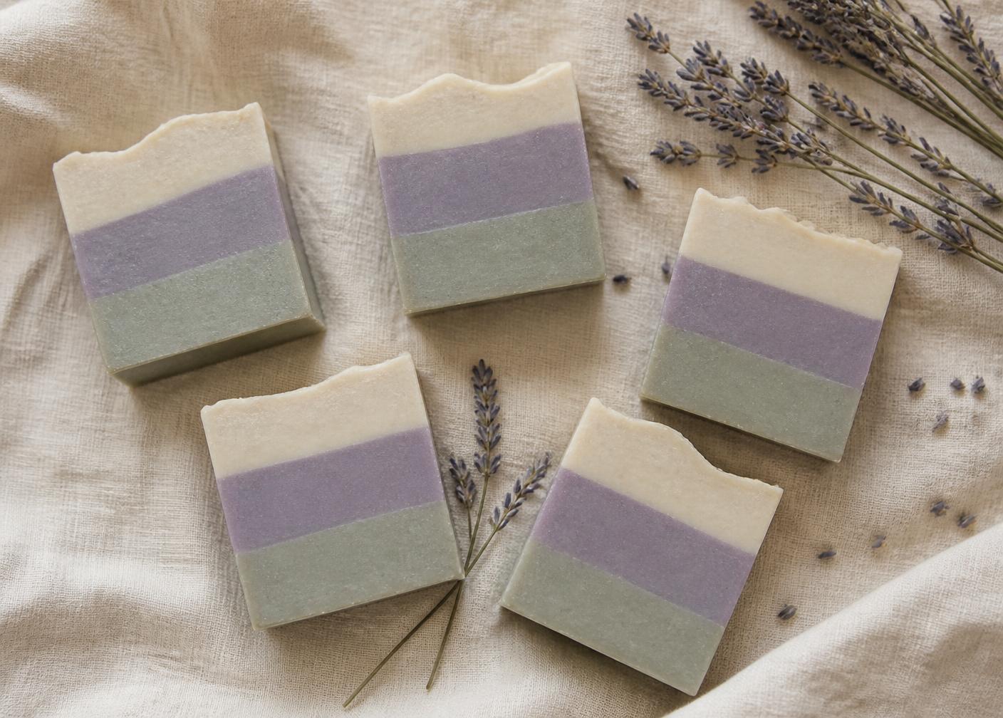 Handmade lavender and sage layered soap bars on cream linen